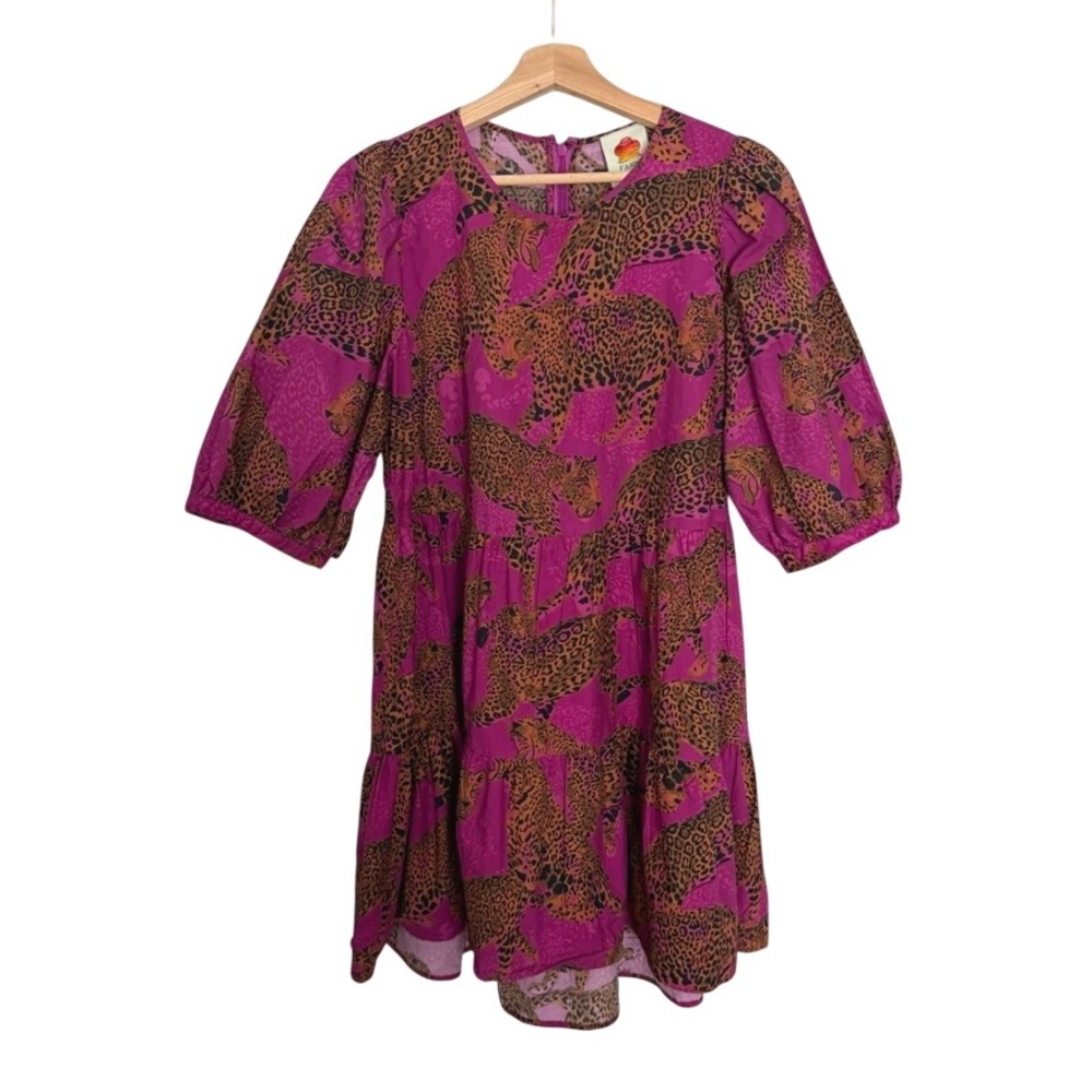 Farm Rio Mini Dress Womens Large Pink Artsy Leopard Babydoll Cotton Puff Sleeve